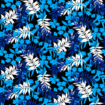 Seamless floral pattern featuring a charming mix of stylized flowers, leaves, and heart shapes on a rich dark background, designed in a playful flat vector style with soft pastel tones&mdash;perfect for fab