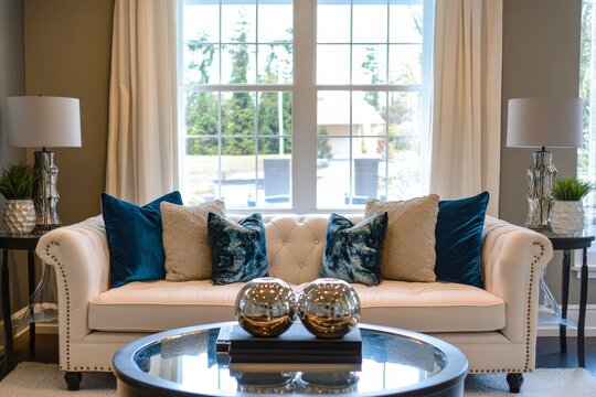 Bright home living room interior with an armchair, sofa, and decorative elements, set against a window that invites natural light, Generative AI