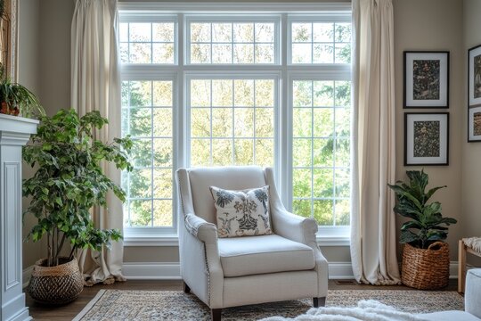 Bright home living room interior with an armchair, sofa, and decorative elements, set against a window that invites natural light, Generative AI