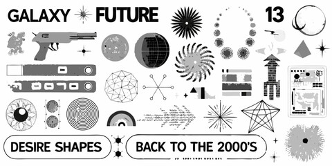 Futuristic collage featuring space elements weapons and geometric shapes © Prosanta