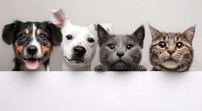 Four adorable pets including a dog and a cat peering curiously over a blank white surface against a neutral gray studio backdrop for creative branding