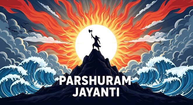 Lord parshuram standing victorious on mountain top with axe at sunrise