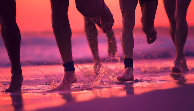 Panoramic low shot of multiple feet running along shoreline at vibrant coral sunset with splashing water frozen and trailing blur