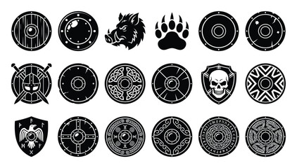 Collection of ancient Viking and Norse medieval shield and warrior symbols ideal for historical themed projects gaming logos or graphic asset creation