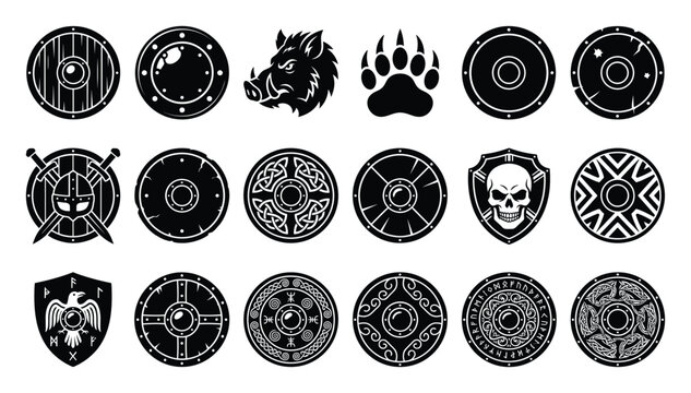 Collection of ancient Viking and Norse medieval shield and warrior symbols ideal for historical themed projects gaming logos or graphic asset creation