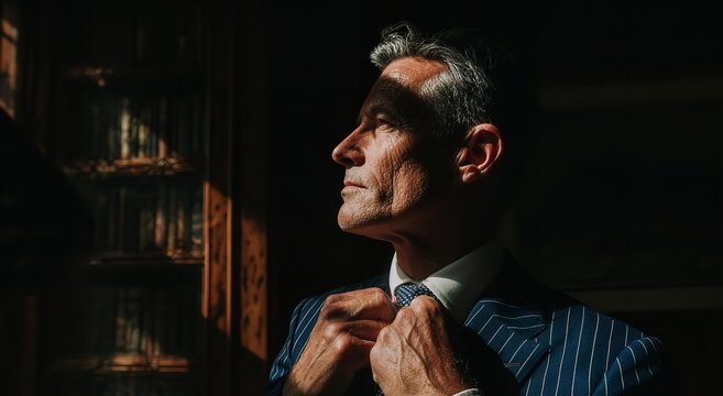 A distinguished man in a sharp pinstripe suit adjusts his elegant patterned tie while standing in the dramatic shadows of a dimly lit study interior