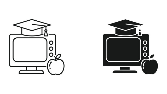flat design graduation cap with apple on old computer monitor education concept illustration