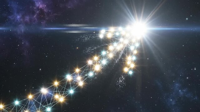 Futuristic network of glowing stars forming a directional arrow towards a bright light in space.