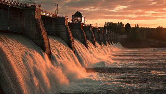 A massive concrete dam features powerful water cascading over its spillway during a dramatic golden-hued sunset that illuminates the flowing river water