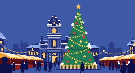 Festive christmas town square with a decorated tree on transparent background silhouette © Md