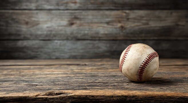 A weathered baseball with prominent red stitching sits alone on a dark rustic wooden surface against a backdrop of aged horizontal timber plank textures
