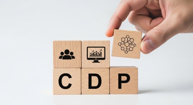A hand placing a wooden block with network icon above CDP wooden blocks isolated on transparent background