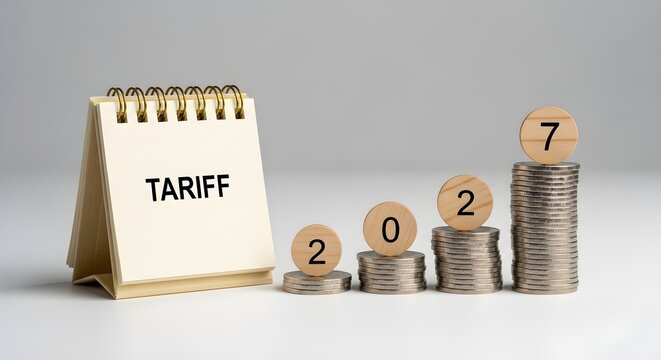 Increasing tariffs and rising costs are shown with stacks of coins and a calendar page.