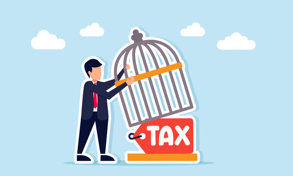 Businessman lifting and opening a cage containing a tax tag as a metaphor for tax amnesty and financial freedom in business project illustration