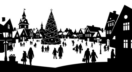 Fototapeta premium Festive winter cityscape with people and a christmas tree on transparent background silhouette