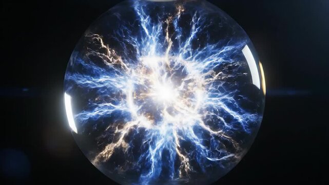 Powerful electrical storm and energy discharges inside a glass sphere.