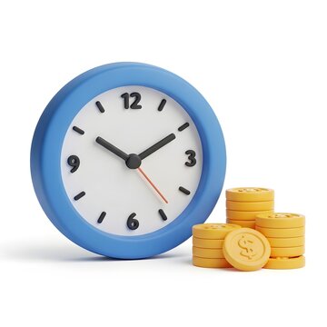Title time and money a blue alarm clock with stacked gold coins description a vibrant blue alarm clock displaying twelve o'clock sits.