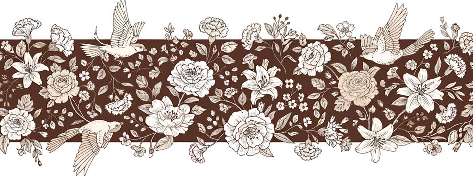 Brown Lace Floral Border with White Flowers and Birds