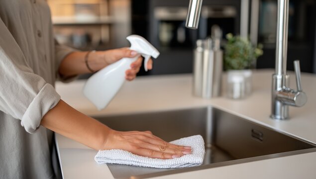 Meticulous hand uses a white spray bottle and a clean microfiber cloth to sanitize a polished stainless steel kitchen sink in a modern home interior