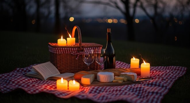 Romantic picnic with candles and wine at dusk.