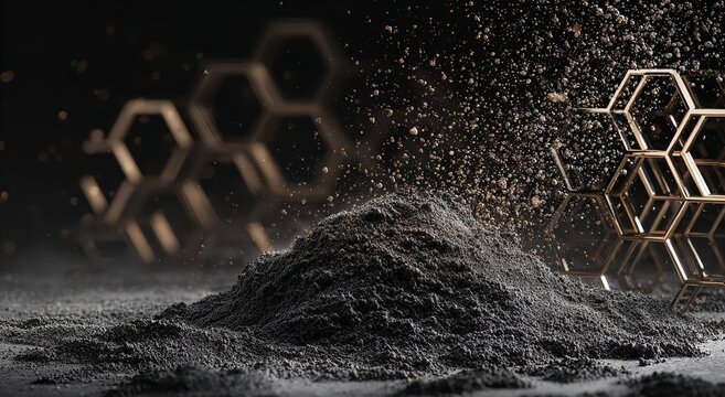 A pile of fine dark granular material sits on a textured surface with golden hexagonal structures in the background under dramatic and moody studio light