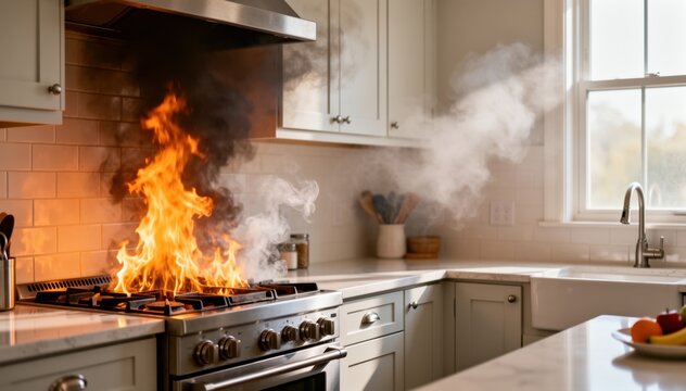 Kitchen Fire Disaster: A dangerous kitchen fire erupts, with flames engulfing a stove. Smoke billows, creating a scene of immediate danger and destruction.