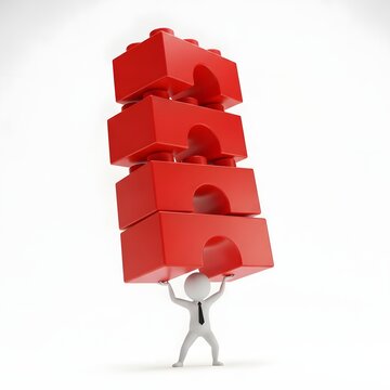 Tiny businessman supporting stacked red puzzle pieces conceptual illustration.