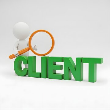 Client focus a magnifying glass examining the word 'client' in green letters.