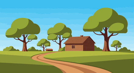 Charming countryside landscape with a cabin and winding path on transparent background silhouette © Md