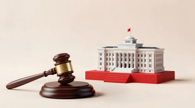 Studio Shot Gavel and White House Miniature with Red Base Law Concept