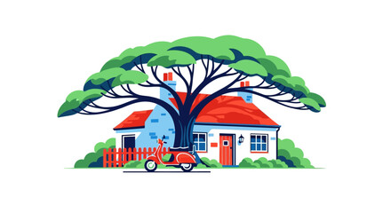 Charming cottage with lush tree and scooter a delightful silhouette on transparent background © Md