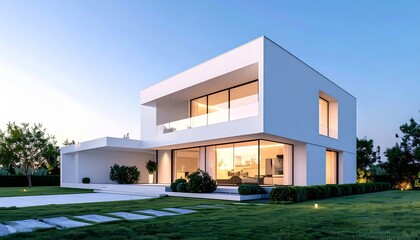 Fototapeta premium Luxurious contemporary home architecture featuring a 3d living room design with a sofa and wood floor overlooking a modern house interior and swimming pool at night