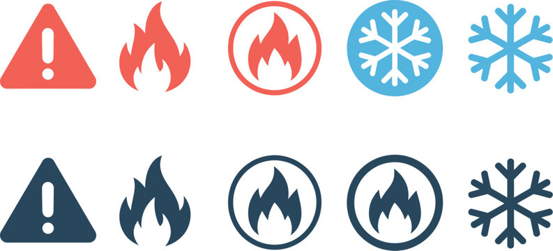 Fire and snowflake warning icons representing flammable hazards and cold temperature risks safety signs industrial labels chemical storage laboratory vector design