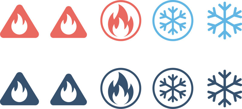Fire and snowflake warning icon set hazard symbols for flammable and cold temperature risks safety signage industrial chemical storage laboratory vector