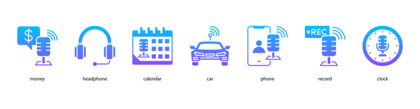 Podcast Essentials web banner icon vector illustration featuring money, headphone, calendar, car, phone, record, and clock for digital broadcasting and creative media.