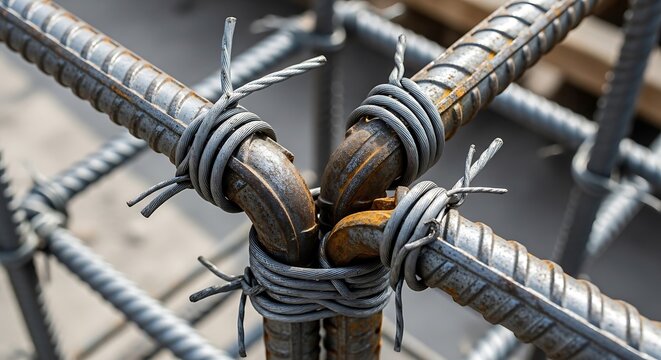 Steel rebar tied together with wire at construction site