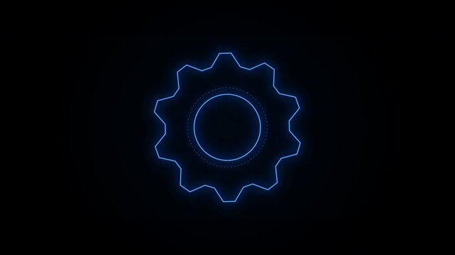 Luminous blue mechanical cogs rotate on a dark computer interface for technical projects high quality motion graphics created via programmatic creative coding