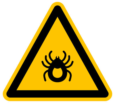 Se&ntilde;al de advertencia de peligro por garrapatas s&iacute;mbolo de insecto par&aacute;sito para zonas naturales ilustraci&oacute;n vectorial