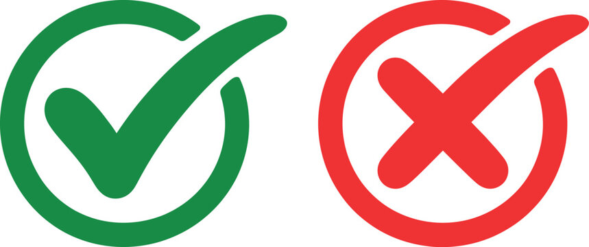 Checkmark and cross icons green checkmark inside circle and red cross inside circle representing correct and incorrect choices vector illustration