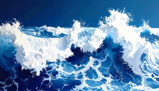 Dramatic Impasto Oil Painting of Crashing Blue Ocean Waves