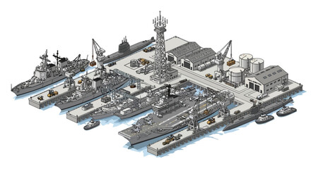 A 3D isometric illustration presents a detailed military base with warships docked at the pier, various support buildings and vehicles arranged around a central control tower, all set © Fasuga