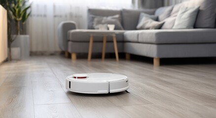Fototapeta premium A white robotic vacuum cleaner sits on a light wooden floor with a blurred modern living room interior providing a clean bright and airy atmosphere