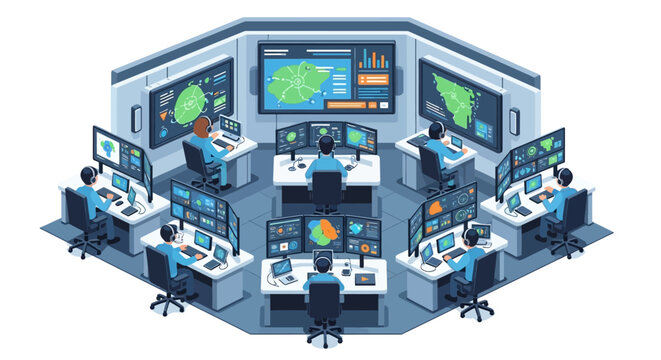 Isometric 3D vector illustration showcasing a military headquarters with personnel planning logistics on monitors arranged in a circular formation, presenting a detailed army base strategy