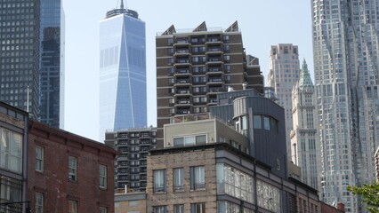 Fototapeta premium New York City Manhattan Downtown Financial District, United States of America. World Trade Center skyscraper, tower buildings architecture in FiDi. Modern business center, Woolworth building.