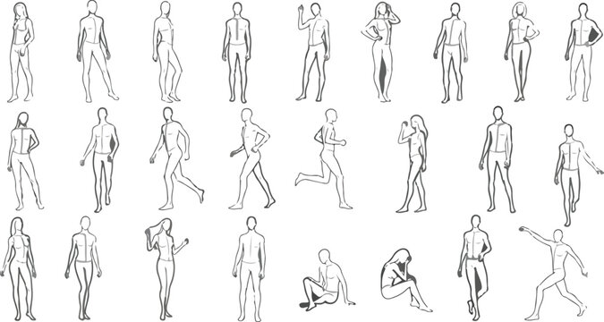 Minimalist architectural people sketches, 27 outline vector figures in various poses, hand drawn human silhouettes for urban planning and site sections