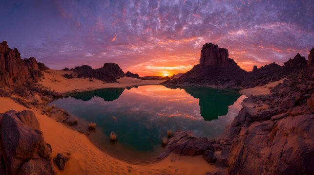panoramic view of a green lake in the Sahara desert, Chad. background illustration of a lake in Chad.