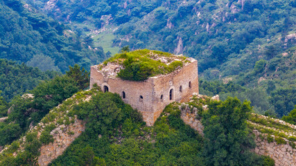 Obraz premium Morning view of the Great Wall in Laiyuan, Hebei Province, China, winding across green mountain ridges under soft light.