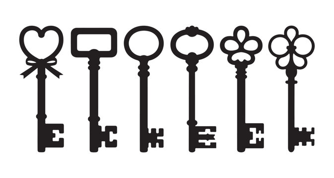 Group of six antique decorative keys in black silhouette on white background Vector art.