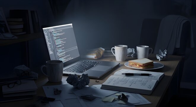 A coder's desk late at night with a laptop screen full of programming code, a coffee mug, and a sandwich.