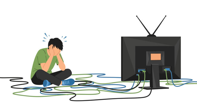 Stressed man frustrated with tangled cables behind television representing technical difficulty and cable management problems